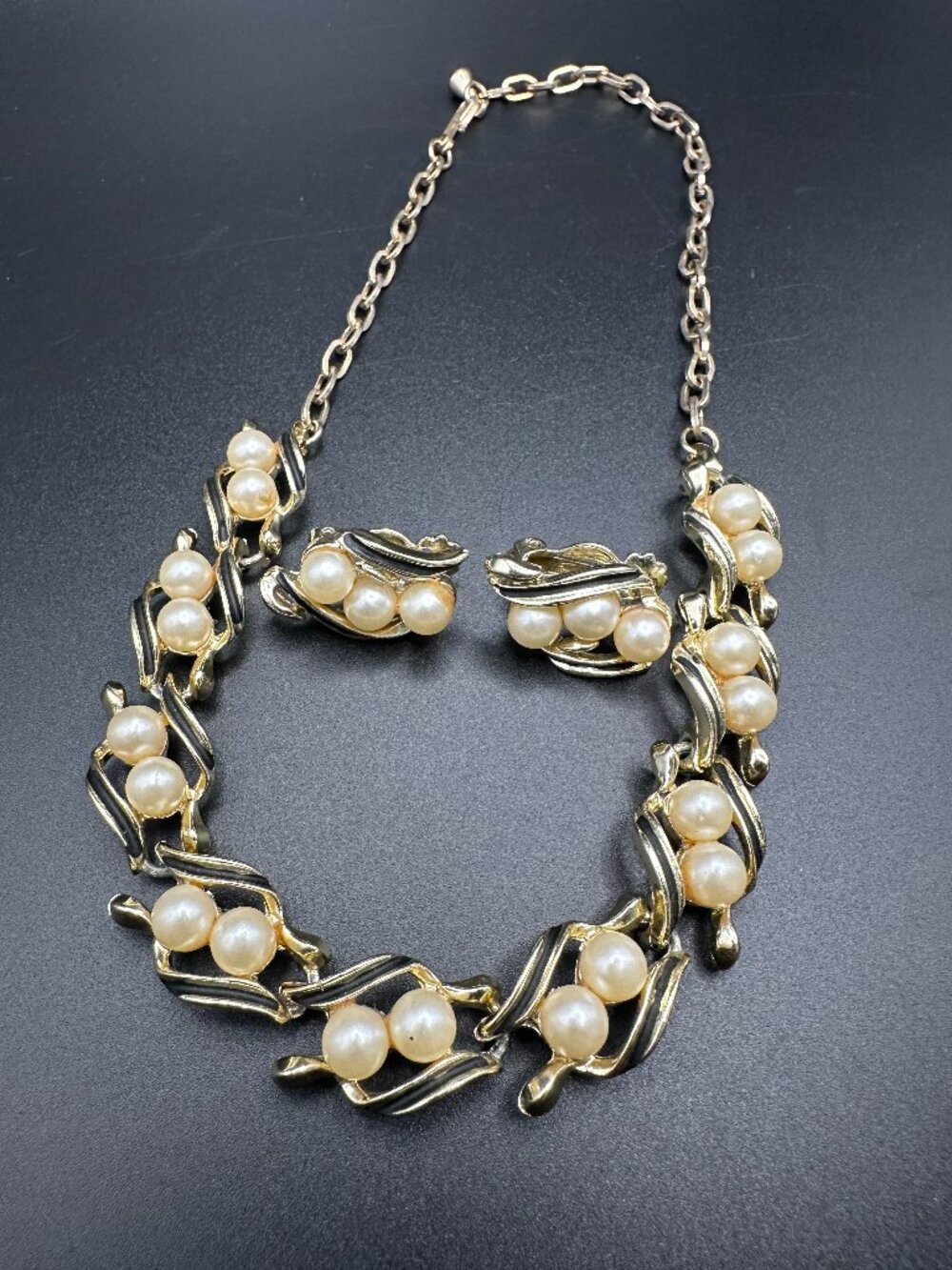Vintage Faux Pearl & Black Enamel Necklace and Clip-on Earring Set
